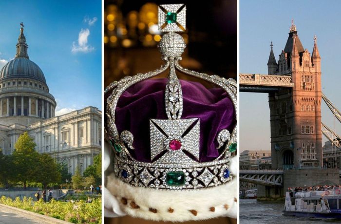 Split photo showing st pauls cathedral crown jewels and thames river cruise