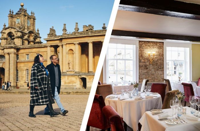 Split photo of people at blenheim palace and inside the bear restaurant hotel