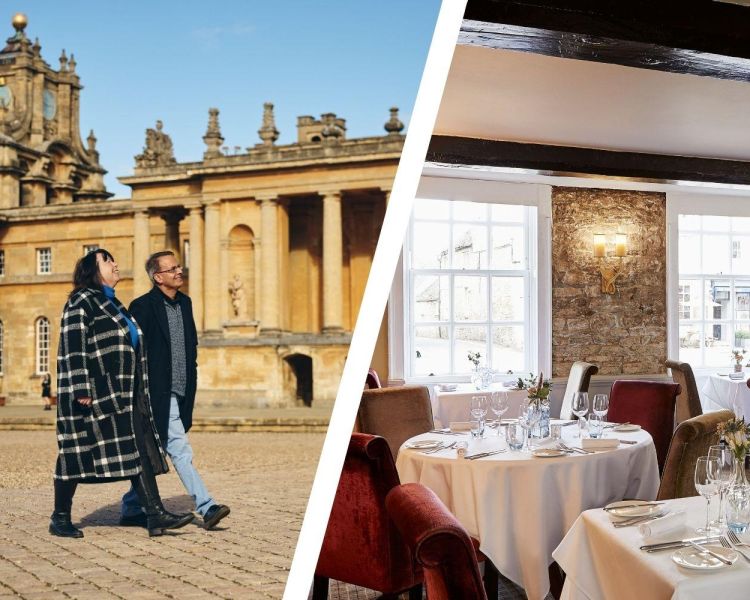 Split photo of people at blenheim palace and inside the bear restaurant hotel