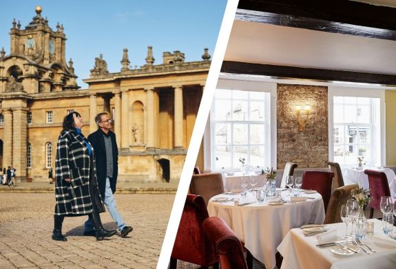 Split photo of people at blenheim palace and inside the bear restaurant hotel