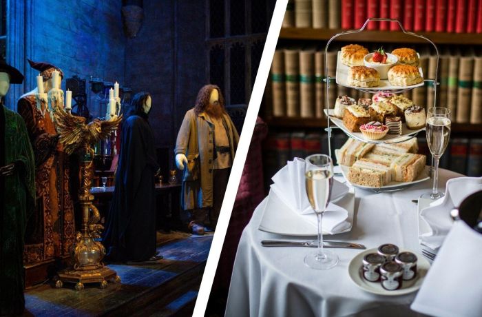 Split photo of warner bros studio tour london and afternoon tea at shendish manor hotel