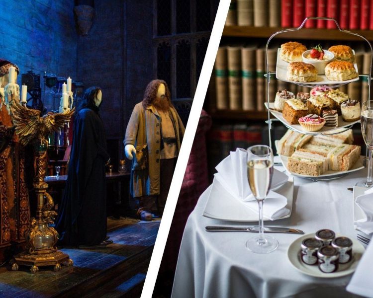 Split photo of warner bros studio tour london and afternoon tea at shendish manor hotel