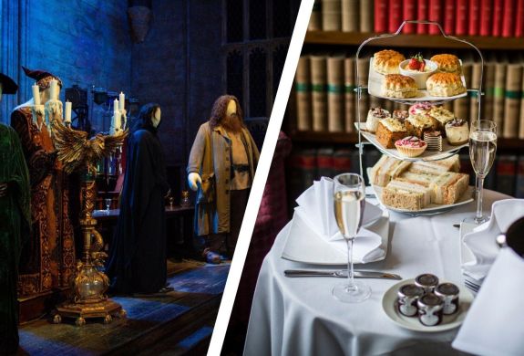 Split photo of warner bros studio tour london and afternoon tea at shendish manor hotel