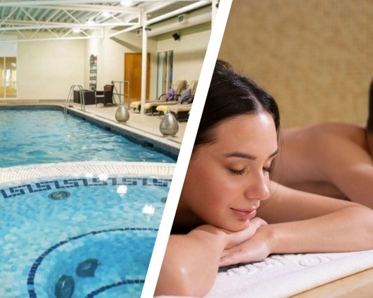 Split photo of hotel pool and jacuzzi and couples massage