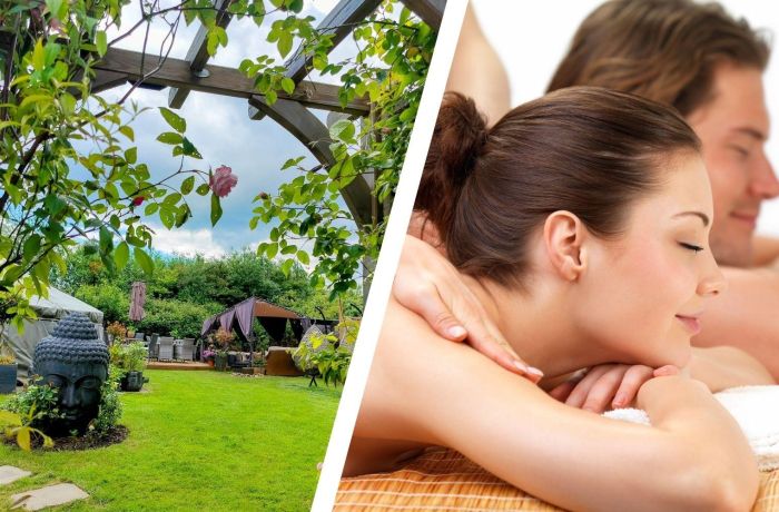 Split photo of relaxing garden and couples massage
