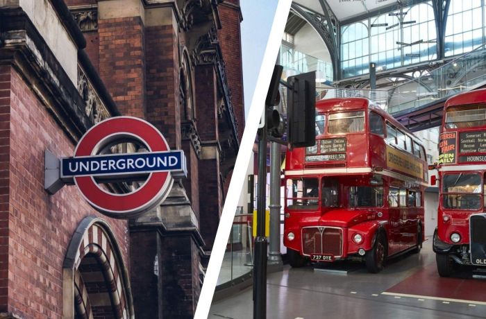 Split photo of london underground sign and buses in london transport museum