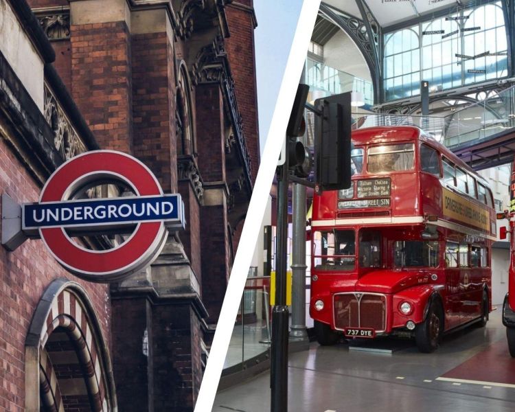 Split photo of london underground sign and buses in london transport museum