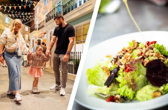 Split photo of a family at the paddington experience in london and a salad lunch