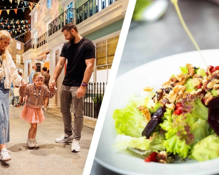 Split photo of a family at the paddington experience in london and a salad lunch