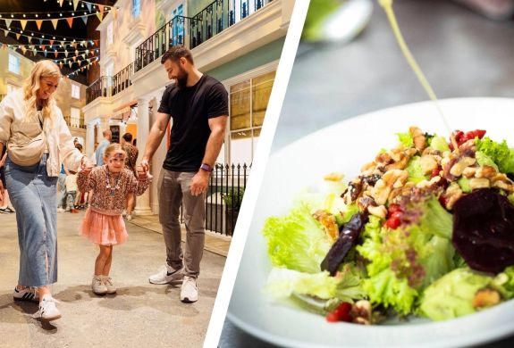 Split photo of a family at the paddington experience in london and a salad lunch