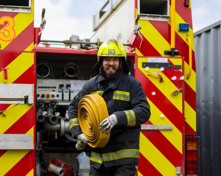 Fire engine and firefighter min