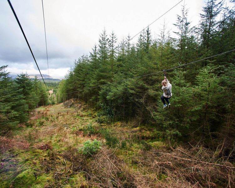 view of person going down zip line on a zip trekking adventure at go ape