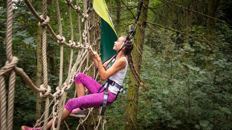 woman climbing nets on go ape treetop challenge course