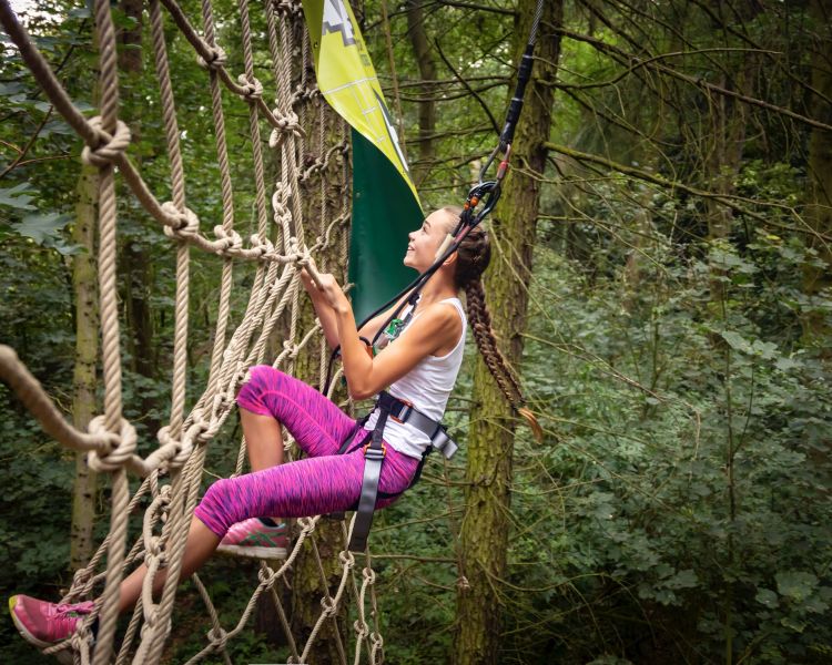 woman climbing nets on go ape treetop challenge course