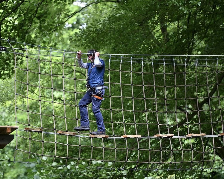 man walking bridge on treetop adventure plus course at go ape