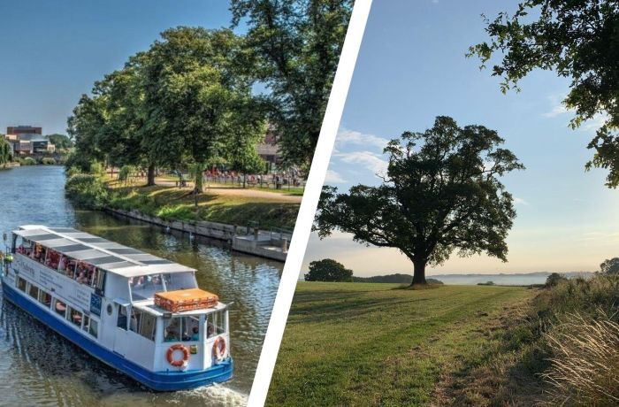 Split photo of a river cruise on the river severn and a countryside view