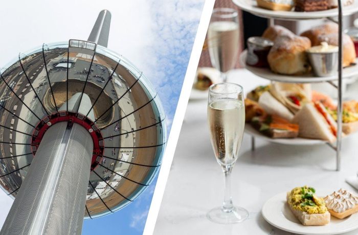 Split photo of the brighton i360 and a champagne afternoon tea