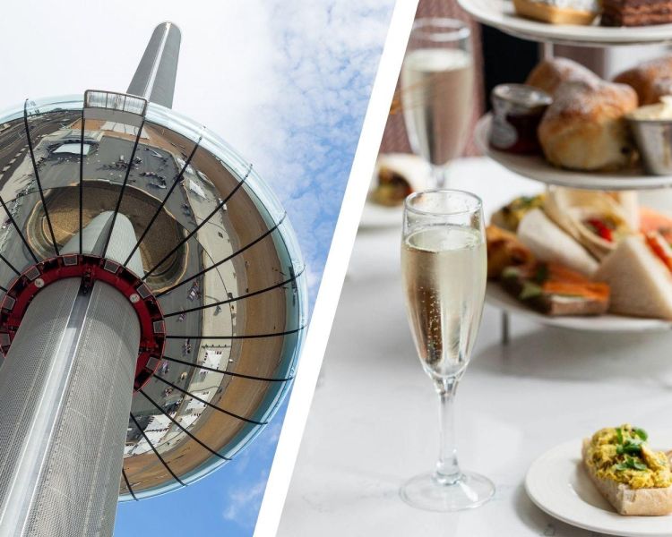 Split photo of the brighton i360 and a champagne afternoon tea