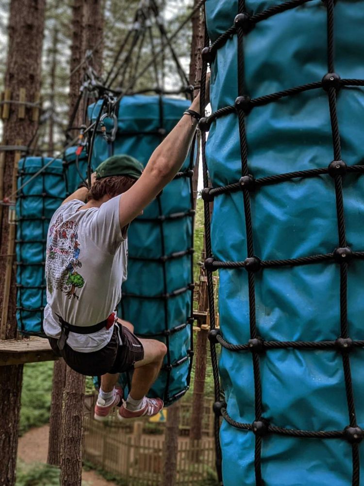 Man hanging onto the go ape challenge plus course