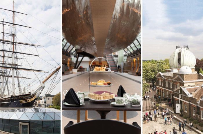Split photo showing cutty sark afternoon tea and the royal observatory in london