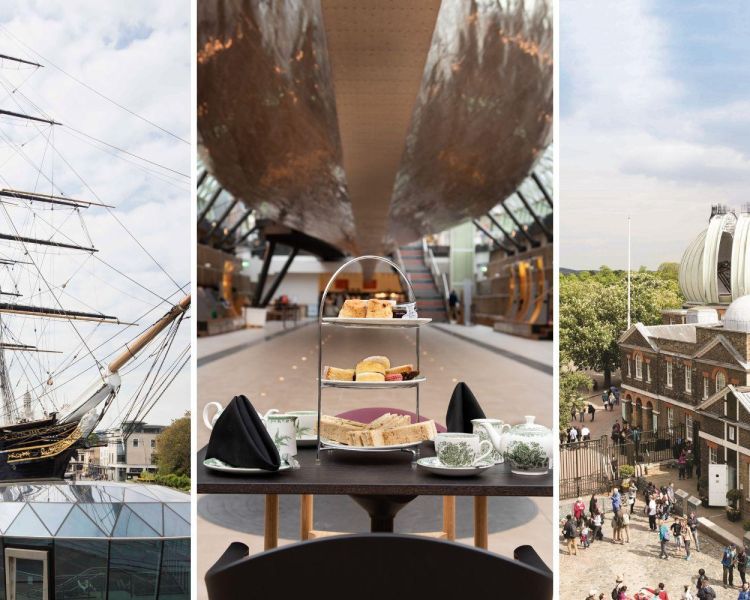 Split photo showing cutty sark afternoon tea and the royal observatory in london