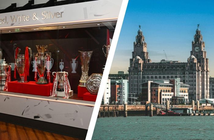 Split photo of liverpool docks and trophy display at liverpool fc museum