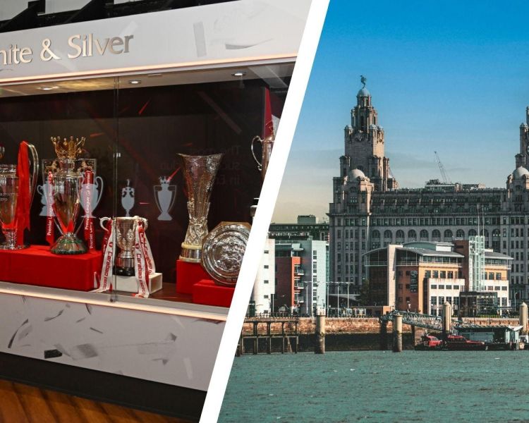 Split photo of liverpool docks and trophy display at liverpool fc museum
