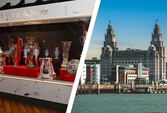 Split photo of liverpool docks and trophy display at liverpool fc museum