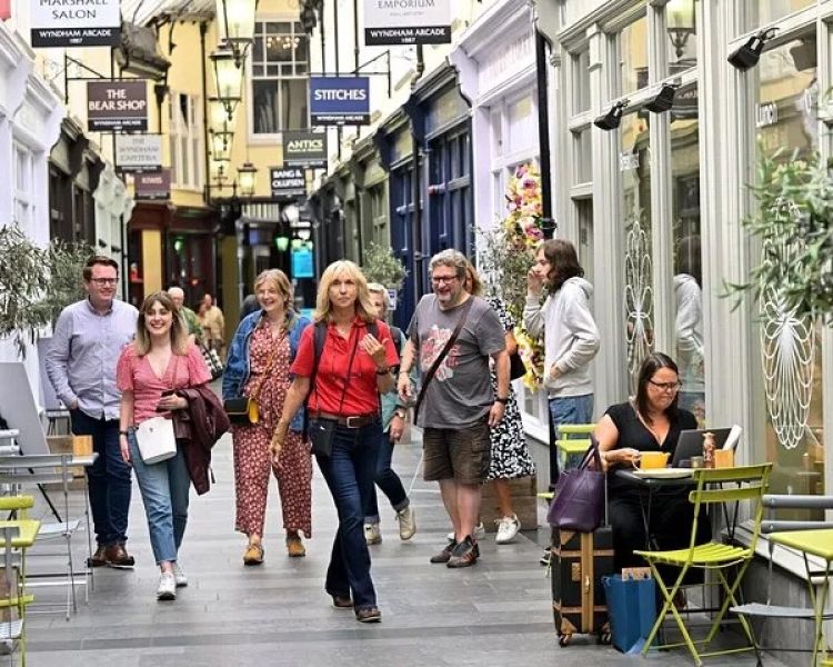 Walking through arcades on cardiff food tour