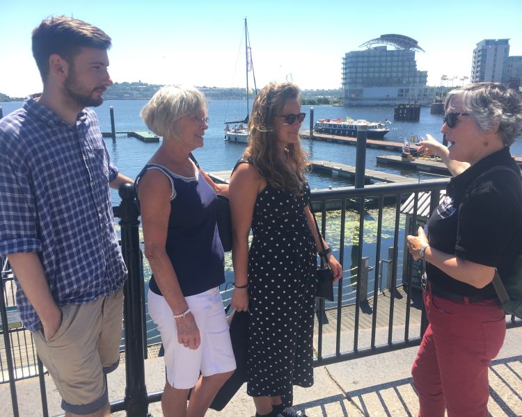 tour group by waterfront on a cardiff food tour