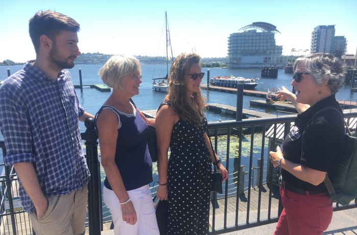 tour group by waterfront on a cardiff food tour