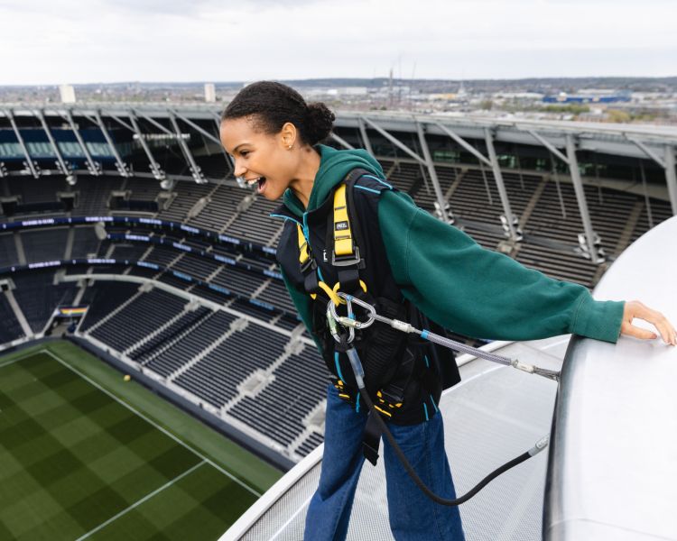 visitor looking out over the pitch on the tottenham hotspur skywalk experience in london