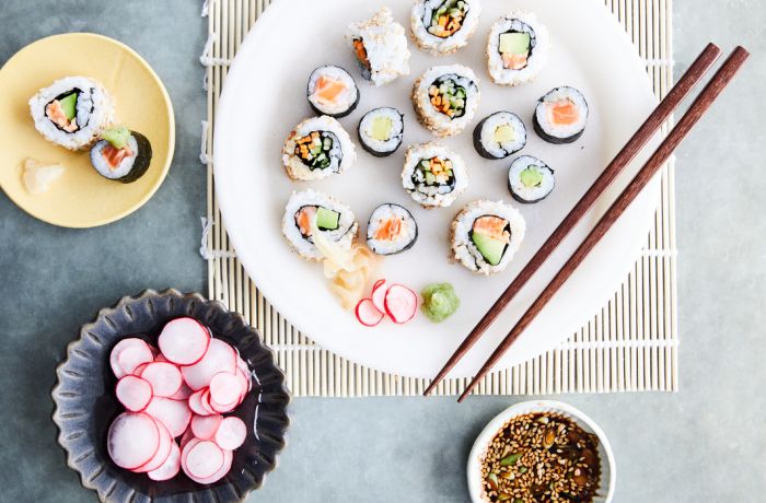 plate of sushi made at a sushi class at the jamie oliver cookery school in london