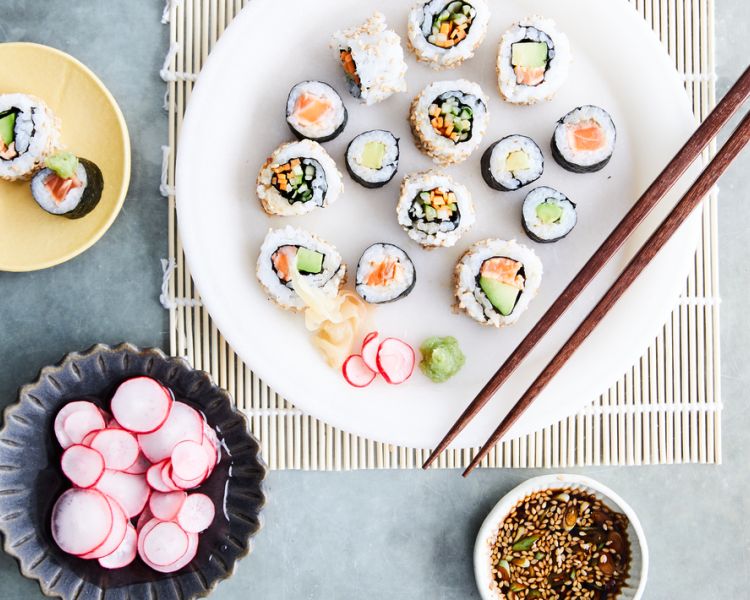 plate of sushi made at a sushi class at the jamie oliver cookery school in london