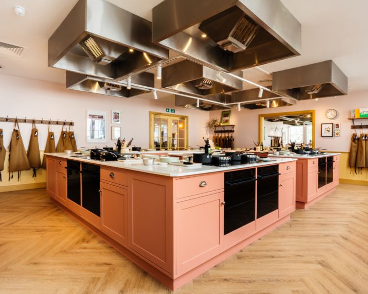 the kitchen area at the jamie oliver cookery school in london