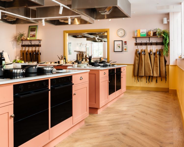 the kitchen area at the jamie oliver cookery school in london