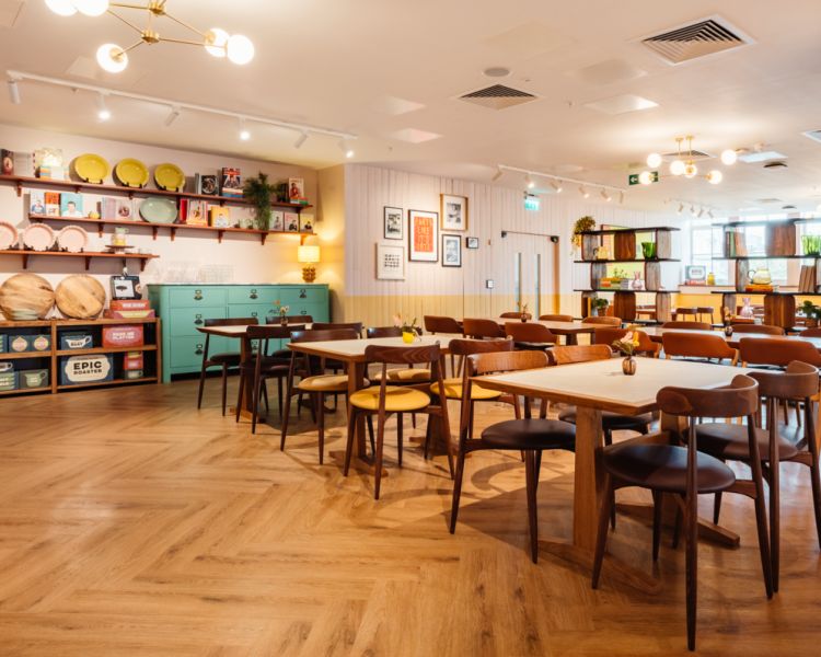 the dining area at the jamie oliver cookery school