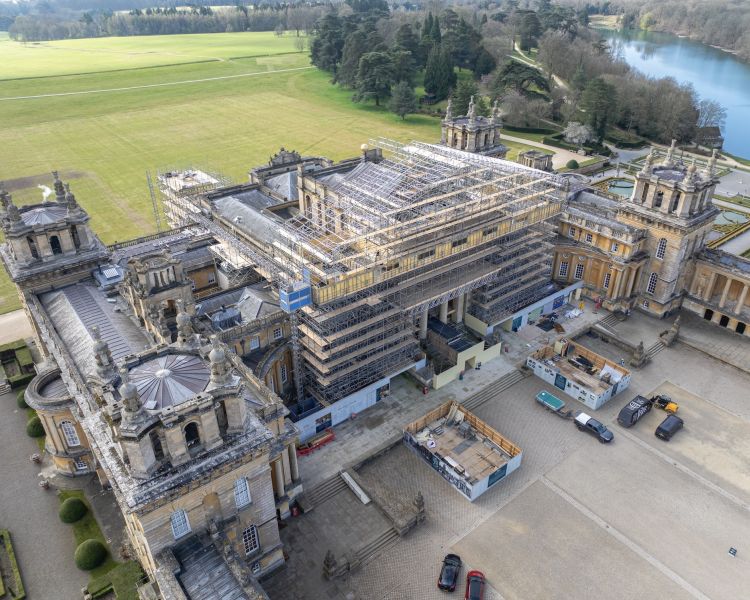 aerial shot of blenheim palace showing the work being done on the roof