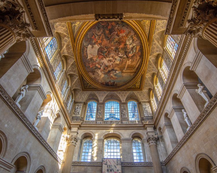 looking up at the painted ceiling of the great hall at blenheim palace