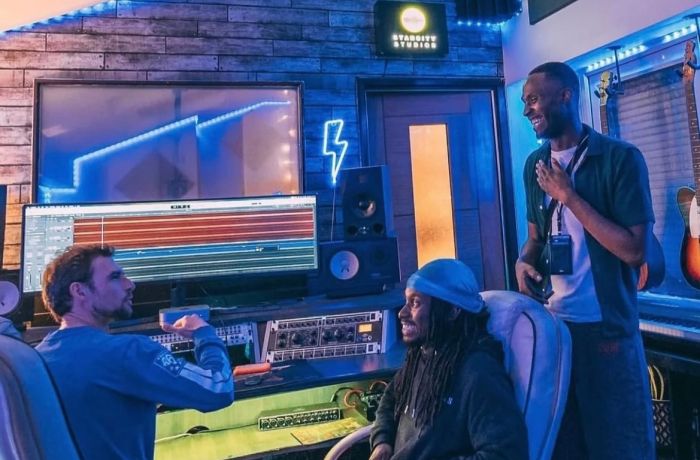 Talking in recording studio